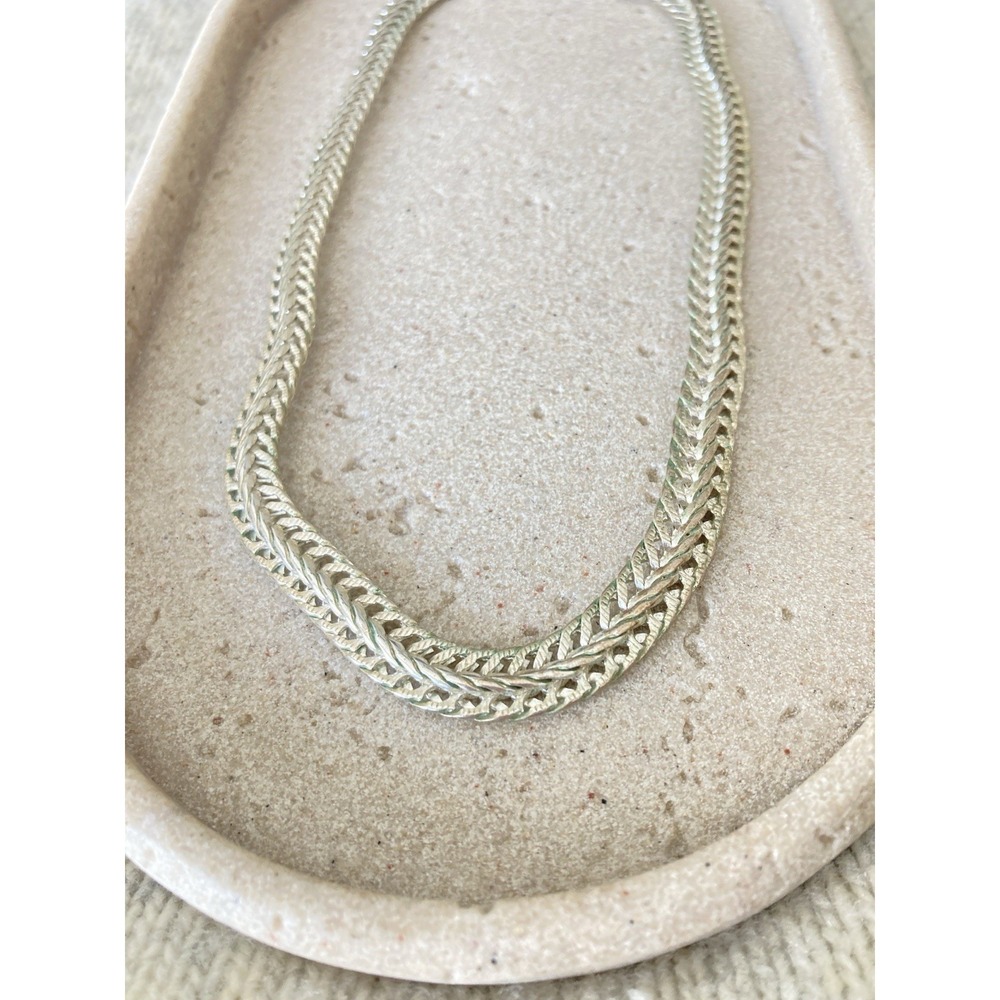 Silver Tone Herringbone Chain Necklace Flat Braided Chevron‎ Collar Modernist